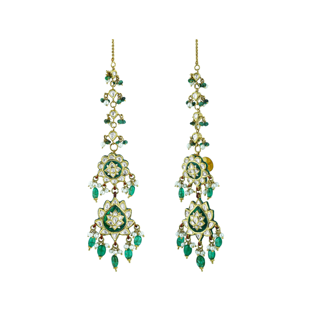 Long Earrings with Emerald, Pearls, Polki, and Floral Enamel